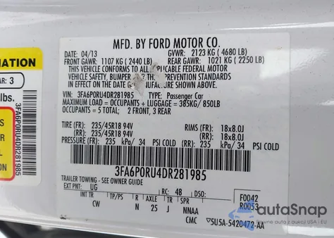 2013 Ford Fusion Hybrid Titanium из США, поврежденный, VIN 3FA6P0RU4DR281985